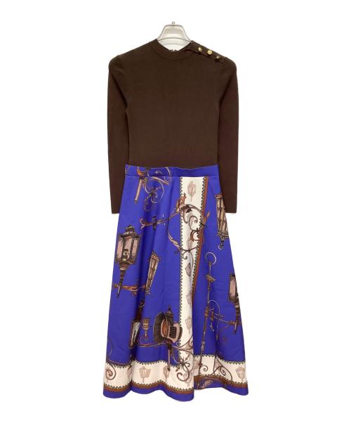 Pinky & Dianne（ピンキーアンドダイアン）Pinky & Dianne (ピンキーアンドダイアン) 冨張愛コラボ ニットコンビプリントワンピース ブルー×ブラウン サイズ:38の古着・服飾アイテム