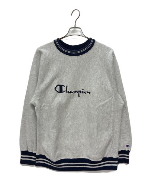 Champion（チャンピオン）Champion (チャンピオン) 90s USA製 reverse weave スクリプトロゴ リブライン スウェット グレー×ネイビー サイズ:Lの古着・服飾アイテム