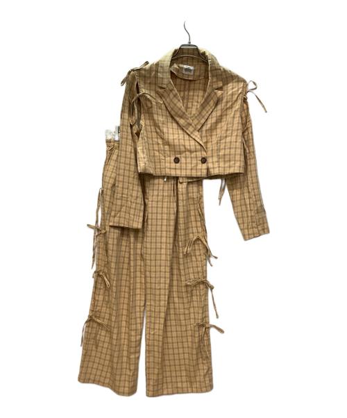 HELLO.SANFRANCISCO（ハロー サンフランシスコ）HELLO.SANFRANCISCO (ハロー サンフランシスコ) CIAOPANIC (チャオパニック) カットアウトリボンチェックジャケット+サイドリボンチェックイージーパンツ ベージュ サイズ:ONE SIZE/パンツMサイズの古着・服飾アイテム