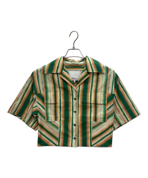 3.1 phillip lim（スリーワンフィリップリム）3.1 phillip lim (スリーワンフィリップリム) クロップド ストライプ コットン ポプリン シャツ グリーン×ピンクの古着・服飾アイテム