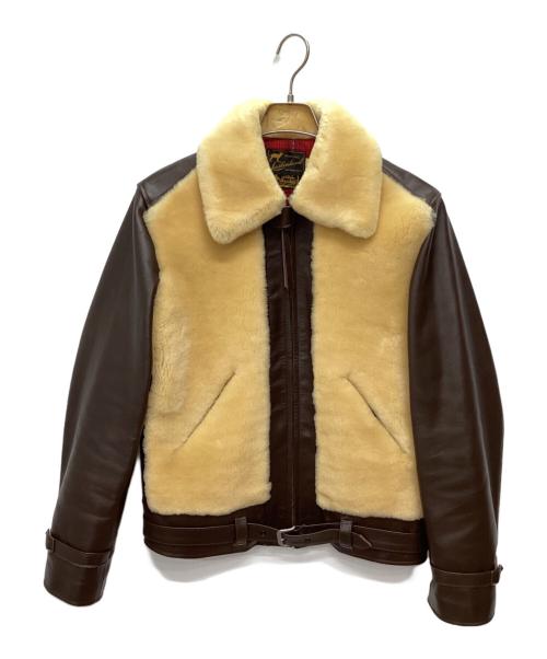 Laskinlamb（ラスキンラム）Laskinlamb (ラスキンラム) ボア切替レザージャケット ブラウン×ベージュ サイズ:38の古着・服飾アイテム