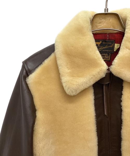Laskinlamb（ラスキンラム）Laskinlamb (ラスキンラム) ボア切替レザージャケット ブラウン×ベージュ サイズ:38の古着・服飾アイテム