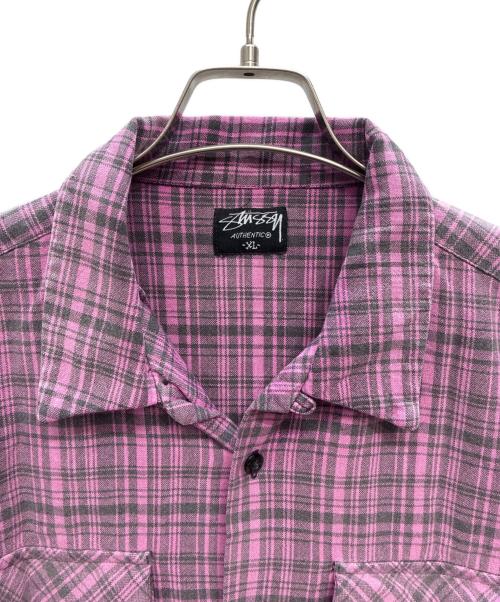 stussy（ステューシー）stussy (ステューシー) 00s オープンカラー 長袖シャツ ピンク×グレー サイズ:XLの古着・服飾アイテム