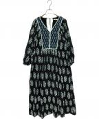 ne quittez pasヌキテパ）の古着「Cotton Voile Ethnic Combination Print Gather Dress」｜ブラック×グリーン