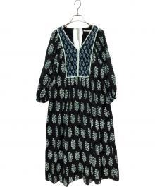 ne quittez pas（ヌキテパ）の古着「Cotton Voile Ethnic Combination Print Gather Dress」｜ブラック×グリーン