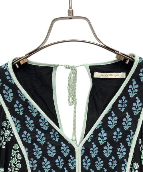 ne quittez pas（ヌキテパ）ne quittez pas (ヌキテパ) Cotton Voile Ethnic Combination Print Gather Dress ブラック×グリーン サイズ:Sの古着・服飾アイテム