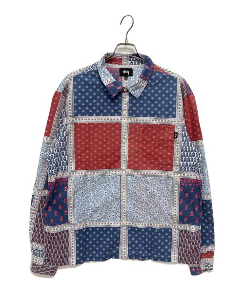 stussy（ステューシー）stussy (ステューシー) Paisley Patchwork L/S Shirt ブルー×レッド サイズ:XLの古着・服飾アイテム