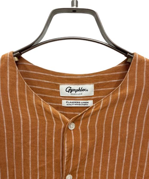 Gymphlex（ジムフレックス）Gymphlex (ジムフレックス) フランダースリネン ストライプノーカラー シャツワンピース ブラウン サイズ:14の古着・服飾アイテム
