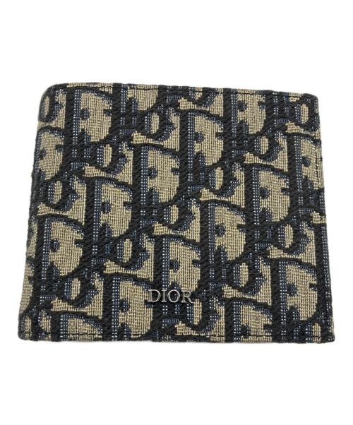 Dior（ディオール）DIOR (ディオール) トロッター オブリーク ジャガード 2つ折り財布 ネイビー×ベージュの古着・服飾アイテム
