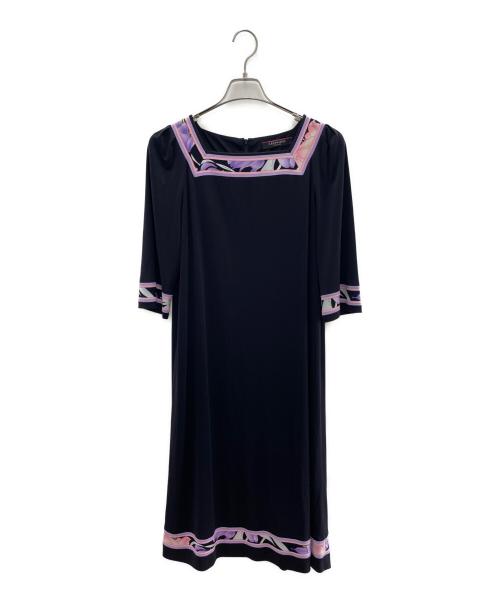LEONARD FASHION（レオナールファッション）LEONARD FASHION (レオナールファッション) 半袖ワンピース ブラック×パープル サイズ:44の古着・服飾アイテム