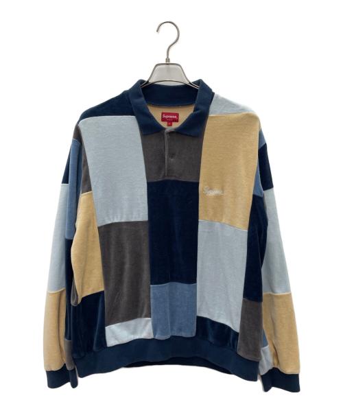 SUPREME（シュプリーム）SUPREME (シュプリーム) Patchwork Velour L/S Polo ネイビー×ブルー サイズ:Lの古着・服飾アイテム
