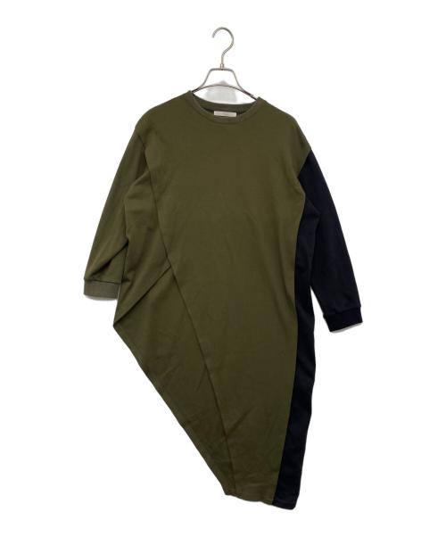 praia（プライア）praia (プライア) バイカラーアシンメトリーカットソー カーキ×ブラウン サイズ:FREEの古着・服飾アイテム