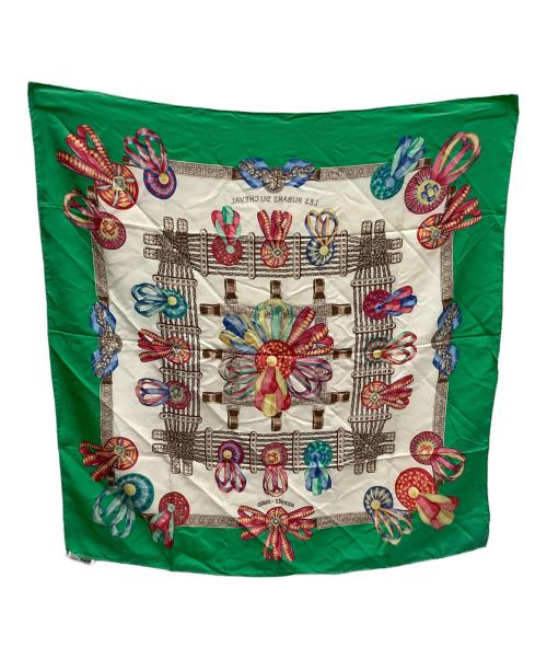 HERMES（エルメス）HERMES (エルメス) シルクスカーフ カレ90 馬のリボン ホワイト×グリーンの古着・服飾アイテム