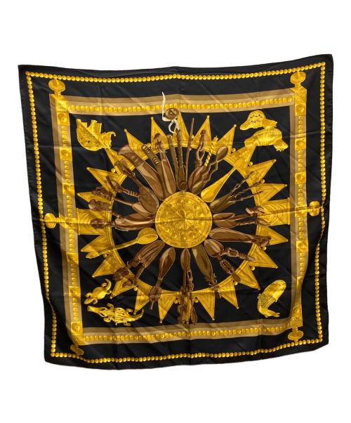 HERMES（エルメス）HERMES (エルメス) アフリカのスプーンシルクスカーフ ブラック×イエローの古着・服飾アイテム