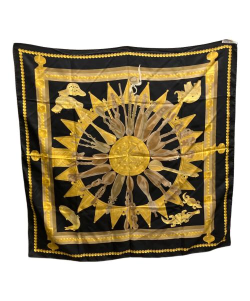 HERMES（エルメス）HERMES (エルメス) アフリカのスプーンシルクスカーフ ブラック×イエローの古着・服飾アイテム