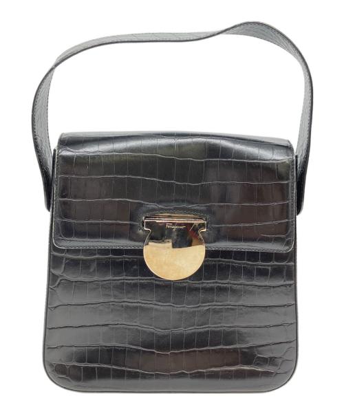 Salvatore Ferragamo（サルヴァトーレ フェラガモ）Salvatore Ferragamo (サルヴァトーレ フェラガモ) クロコ型押しハンドバッグ ブラックの古着・服飾アイテム