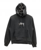 stussyステューシー）の古着「STOCK LOGO APPLIQUE HOODIE」｜ブラック