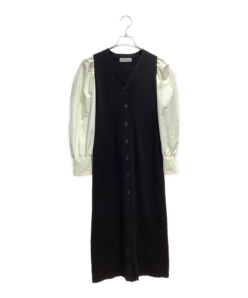 CELFORD（セルフォード）CELFORD (セルフォード) パフスリーブ フロントボタン ワンピース ブラックxホワイト サイズ:Sの古着・服飾アイテム