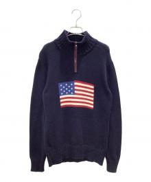 POLO RALPH LAUREN（ポロ・ラルフローレン）の古着「星条旗ハーフジップニット」｜ネイビー×レッド