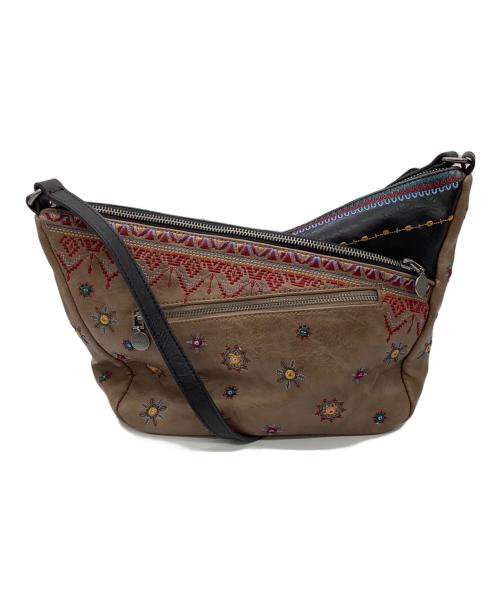 Desigual（デシグアル）Desigual (デシグアル) 刺繍レザーショルダーバッグ ブラック×ブラウンの古着・服飾アイテム