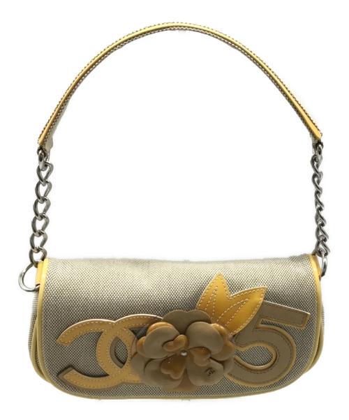 CHANEL（シャネル）CHANEL (シャネル) チェーンショルダーバッグ カメリア No.5 キャンパス×パテントレザー ベージュの古着・服飾アイテム