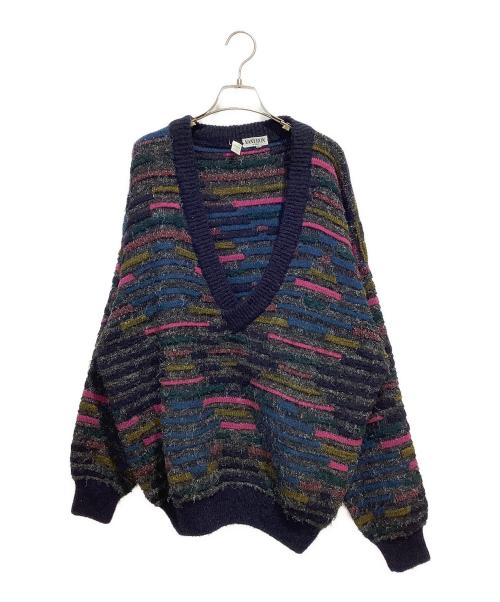 NANIBON（ナーニボン）NANIBON (ナーニボン) Vネック ジャガード ニット ネイビー×ピンク サイズ:52の古着・服飾アイテム