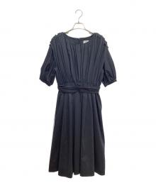 LANVIN en Bleu（ランバンオンブルー）の古着「リネンブレンド パフスリーブ ギャザー ワンピース」｜ネイビー