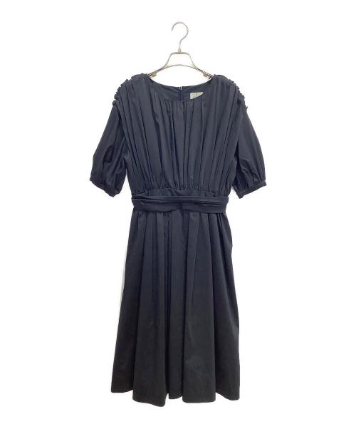 LANVIN en Bleu（ランバンオンブルー）LANVIN en Bleu (ランバンオンブルー) リネンブレンド パフスリーブ ギャザー ワンピース ネイビー サイズ:38の古着・服飾アイテム