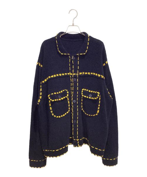 PHINGERIN（フィンガリン）PHINGERIN (フィンガリン) 厚手カーディガン ネイビー×イエロー サイズ:Lの古着・服飾アイテム
