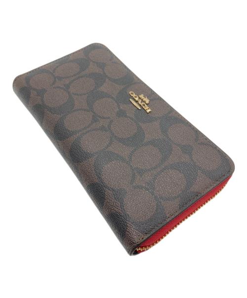 COACH（コーチ）COACH (コーチ) ラウンドファスナー財布 ブラウン×レッドの古着・服飾アイテム