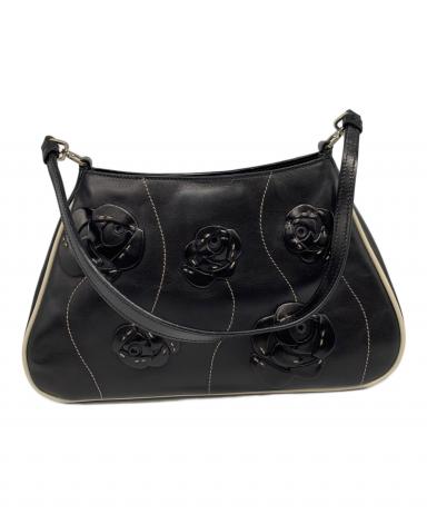 PRADA プラダ ハンドバッグ バッグ レザー 黒 中古・古着通販】PRADA (プラダ) フラワーレザーハンドバッグ ブラック
