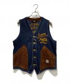 VANSONバンソン）の古着「デニムベスト」｜インディゴ×ブラウン