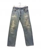 LEVI'Sリーバイス）の古着「推定80-90’s ダメージ加工デニムパンツ 501xx  トップボタン裏553」｜スカイブルー