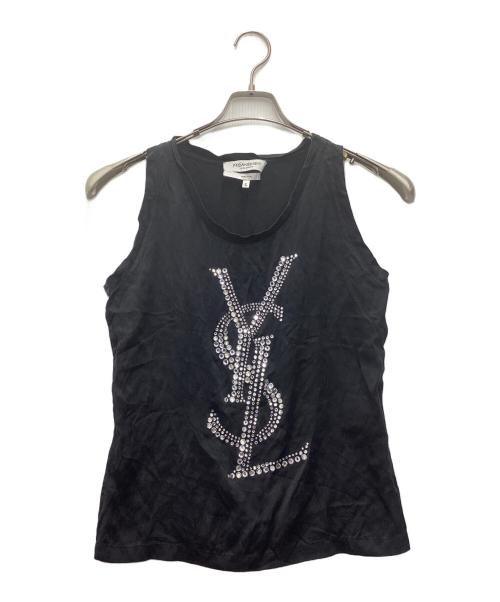 Yves Saint Laurent（イヴサンローラン）Yves Saint Laurent (イヴサンローラン) ノースリーブカットソー ラインストーンロゴ ブラック サイズ:SIZE Sの古着・服飾アイテム