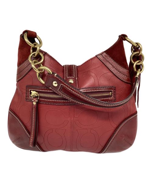COACH（コーチ）COACH (コーチ) シグネチャー エンボスレザー ホーボーバッグ レッドの古着・服飾アイテム