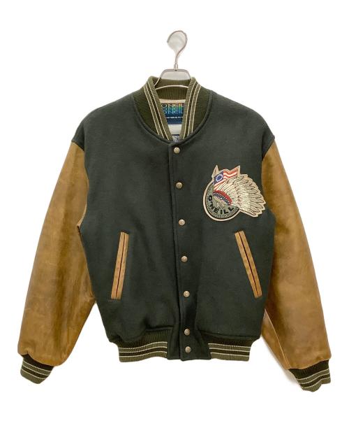 O'NEILL（オニール）O'NEILL (オニール) レザー切替スタジャン　O'NEILL　メンズ　ブラウン×グリーン　牛革　日本製 ブラウン×グリーン サイズ:Mの古着・服飾アイテム