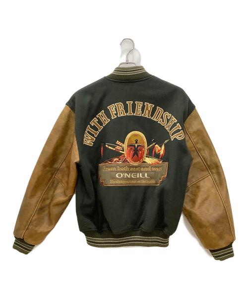 O'NEILL（オニール）O'NEILL (オニール) レザー切替スタジャン　O'NEILL　メンズ　ブラウン×グリーン　牛革　日本製 ブラウン×グリーン サイズ:Mの古着・服飾アイテム