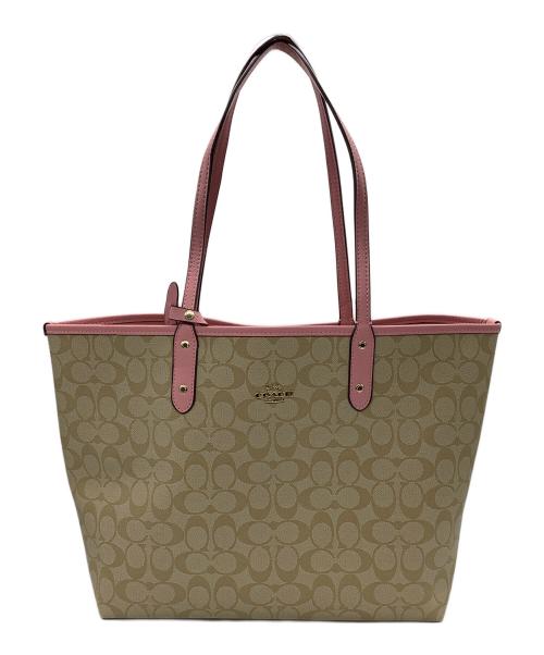 COACH（コーチ）COACH (コーチ) トートバッグ　シグネチャー ナチュラル×ピンクの古着・服飾アイテム