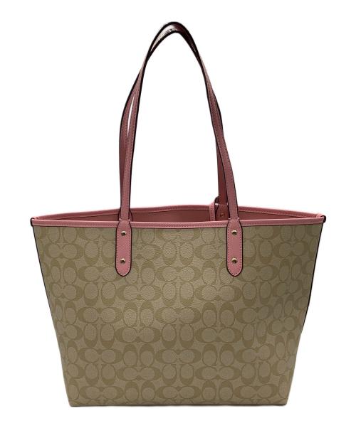 COACH（コーチ）COACH (コーチ) トートバッグ　シグネチャー ナチュラル×ピンクの古着・服飾アイテム