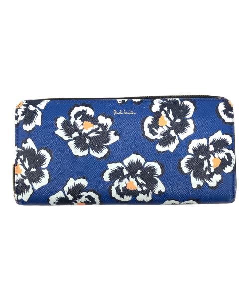 PAUL SMITH（ポールスミス）PAUL SMITH (ポールスミス) ラウンドファスナー財布　フラワープリント ブルー×ブラックの古着・服飾アイテム