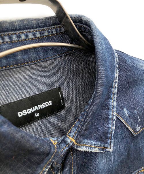 DSQUARED2（ディースクエアード）DSQUARED2 (ディースクエアード) ウエスタンダメージデニムシャツ インディゴ サイズ:48の古着・服飾アイテム