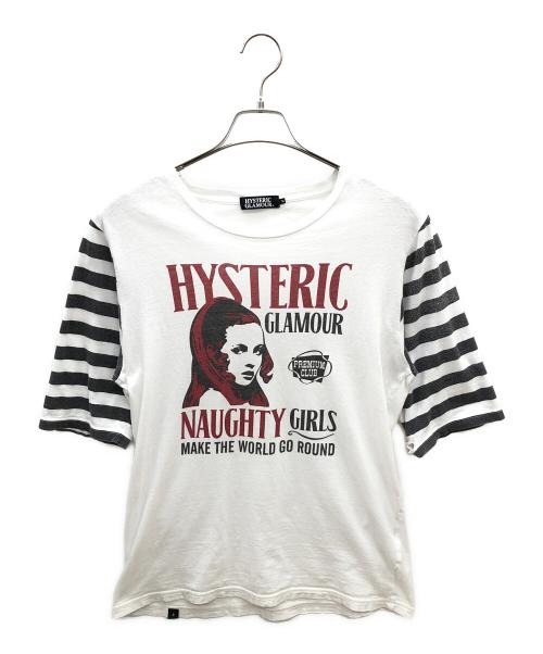 Hysteric Glamour（ヒステリックグラマー）Hysteric Glamour (ヒステリックグラマー) ボーダースリーブプリントTシャツ ホワイト×ブラック サイズ:Mの古着・服飾アイテム
