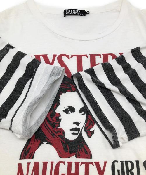 Hysteric Glamour（ヒステリックグラマー）Hysteric Glamour (ヒステリックグラマー) ボーダースリーブプリントTシャツ ホワイト×ブラック サイズ:Mの古着・服飾アイテム