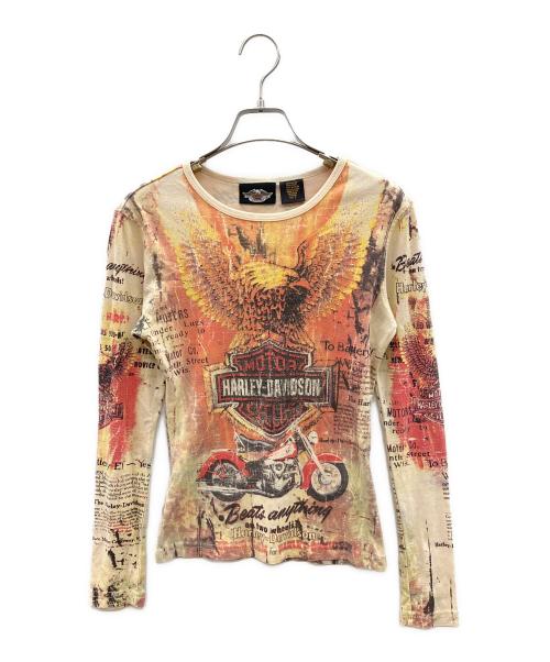 HARLEY-DAVIDSON（ハーレーダビッドソン）HARLEY-DAVIDSON (ハーレーダビッドソン) デコレーションプリントカットソー　Y2K アイボリー×オレンジ サイズ:Sの古着・服飾アイテム