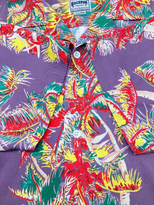 HOUSTON（ヒューストン）HOUSTON (ヒューストン) アロハシャツ　ALOHA SHIRT (PALM TREE) パープル×レッド サイズ:XLの古着・服飾アイテム