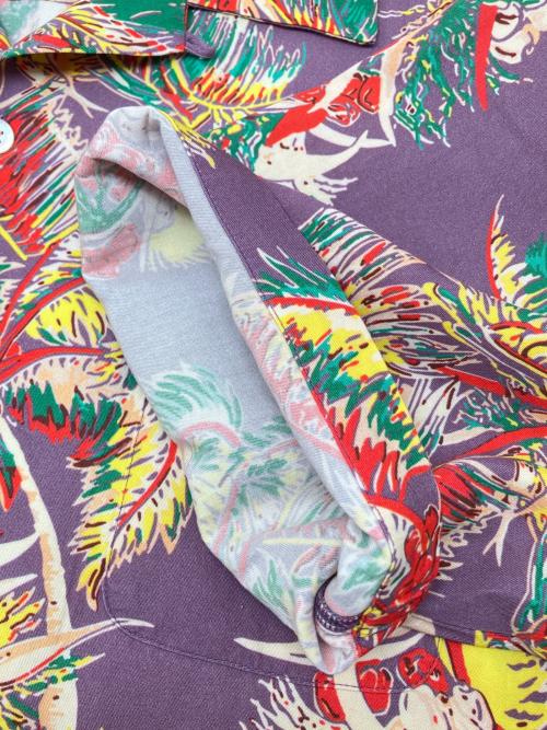 HOUSTON（ヒューストン）HOUSTON (ヒューストン) アロハシャツ　ALOHA SHIRT (PALM TREE) パープル×レッド サイズ:XLの古着・服飾アイテム