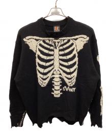 SAINT MICHAEL（セントマイケル）の古着「ボーン刺繍ウールダメージ加工ニット」｜ブラック