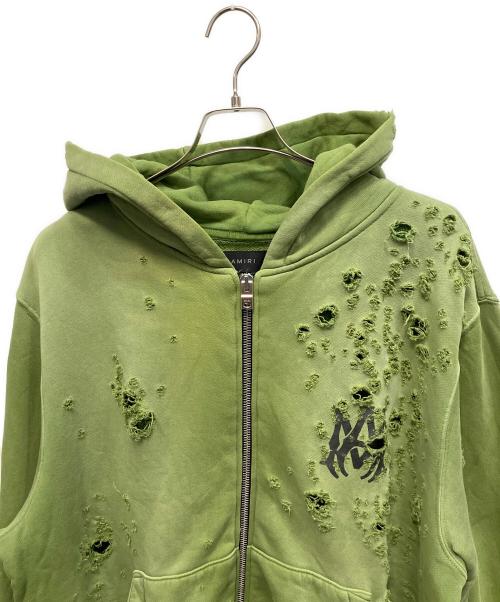 AMIRI（アミリ）AMIRI (アミリ) MAロゴショットガンダメージフルジップパーカー カーキ サイズ:Lの古着・服飾アイテム