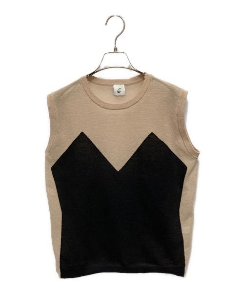 6(ROKU) BEAUTY&YOUTH（ロク ビューティーアンドユース）6(ROKU) BEAUTY&YOUTH (ロク ビューティーアンドユース) 薄手ニット ベージュ×ブラック サイズ:Freeの古着・服飾アイテム