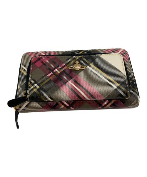 Vivienne Westwood（ヴィヴィアンウエストウッド）Vivienne Westwood (ヴィヴィアンウエストウッド) タータンチェック ラウンドファスナー 長財布 オリーブ×ピンクの古着・服飾アイテム